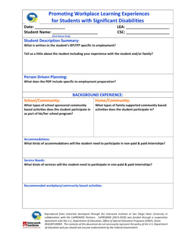 Promoting Workplace Learning Experiences Worksheet - Chapman University ...