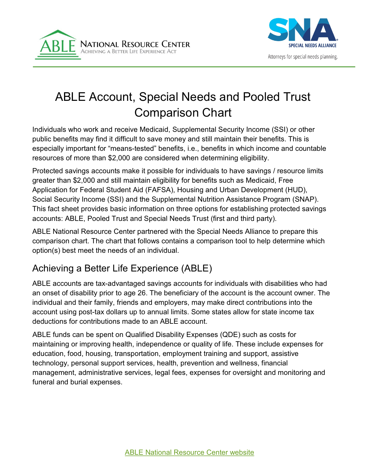 ABLE Account, Special Needs and Pooled Trust Comparison Chart - August 2020