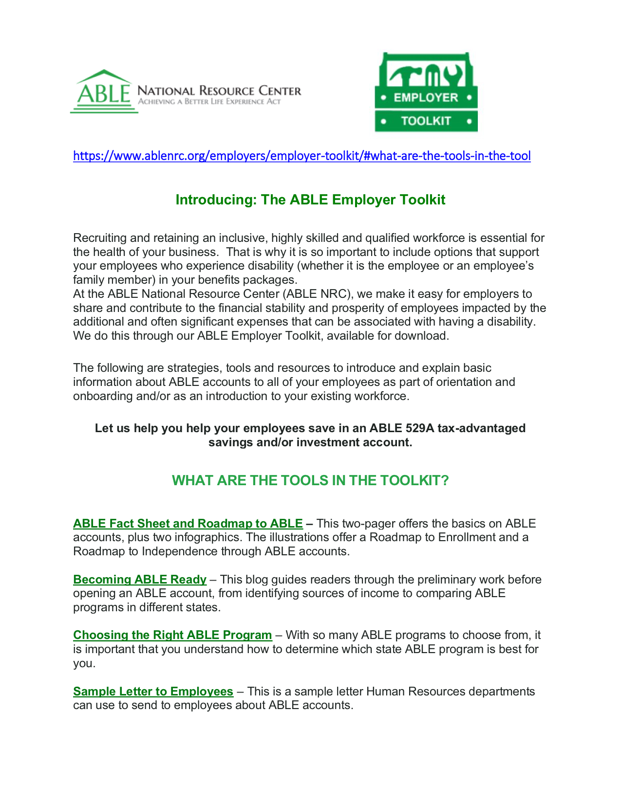 ABLE Employer Tool Kit Summary 2020