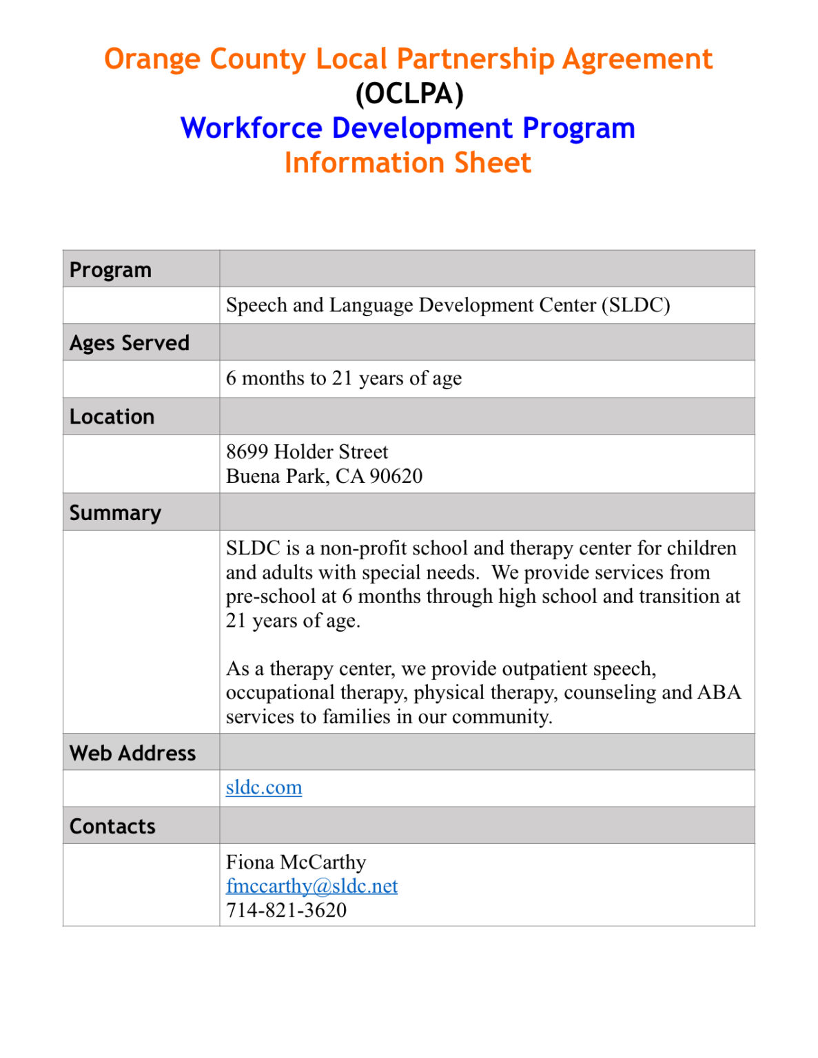 Speech Language Development Center Information Sheet Chapman