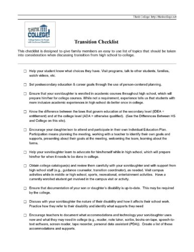 Think College Transition Checklist - Chapman University | Transition CA