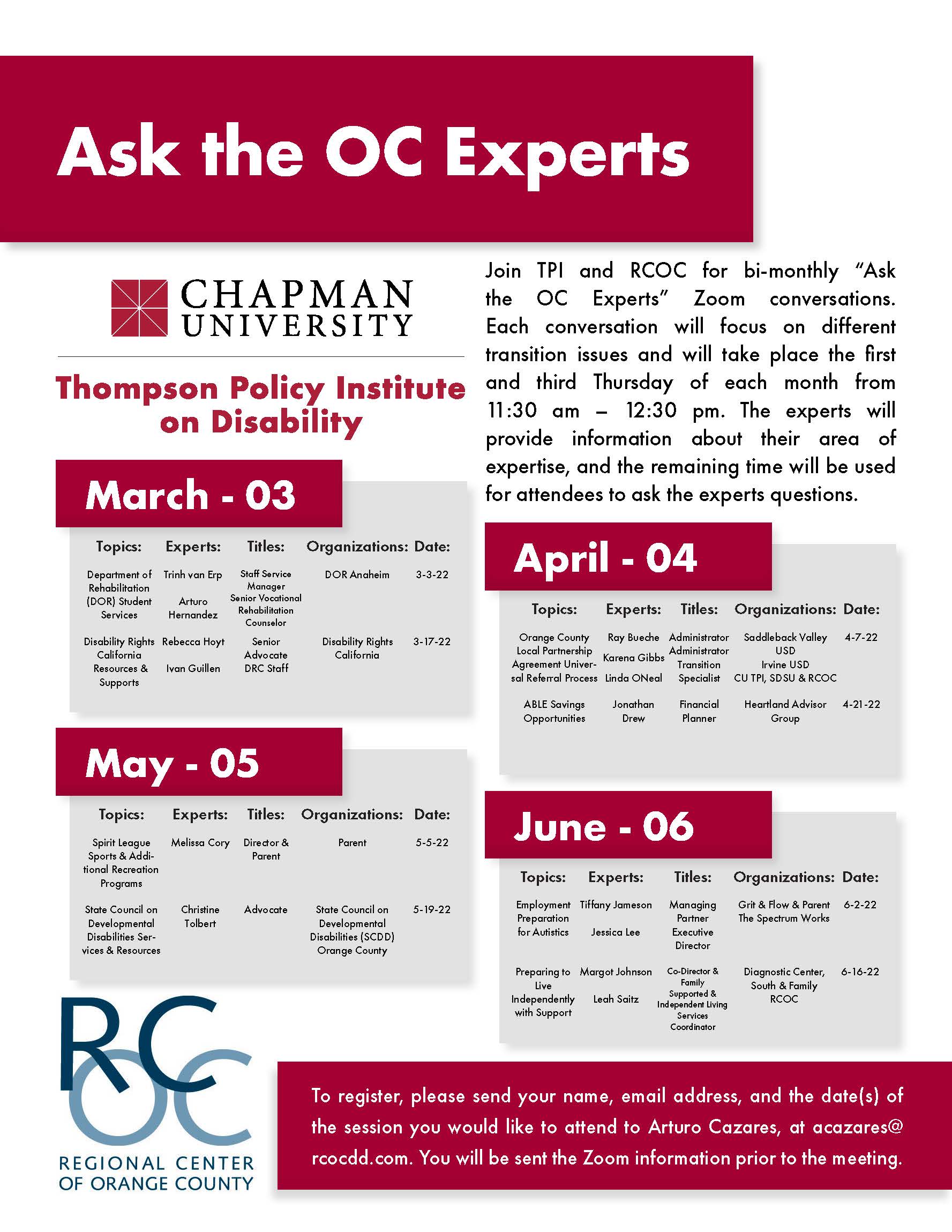 Flyer showing the different dates for Ask the OC Experts zoom meetings