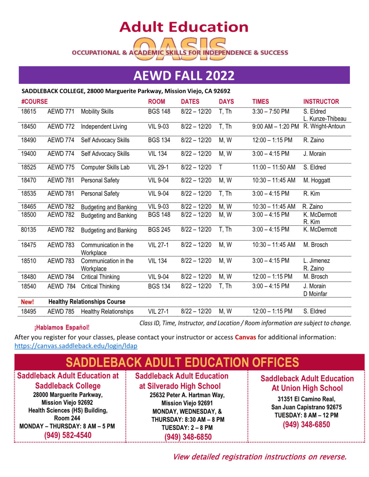 OASIS Fall 2022 Schedule Chapman University Transition CA